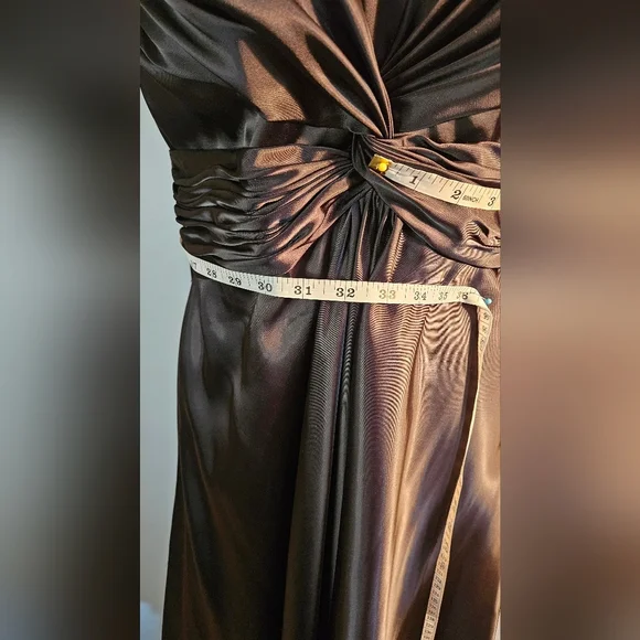 Elegant Satin Black Strapless Dress. Ruched Waistline. Size 8. Midi Length - Picture 3 of 4